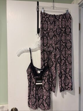 Studio Pink and Black Damask Lace-Trim Cami & pants pajama Set sleeveless size S